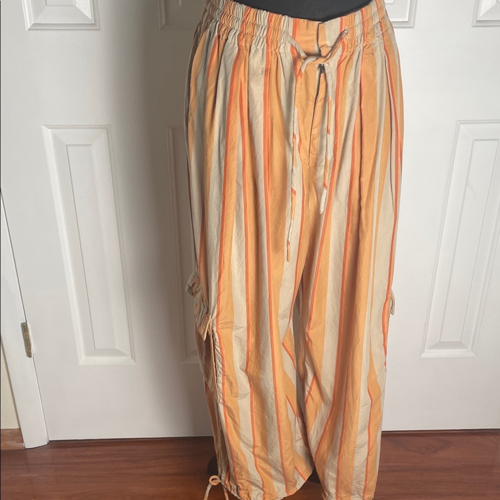 Free People Palash Striped Drawstring Wide-Leg Pants - Orange/Cream